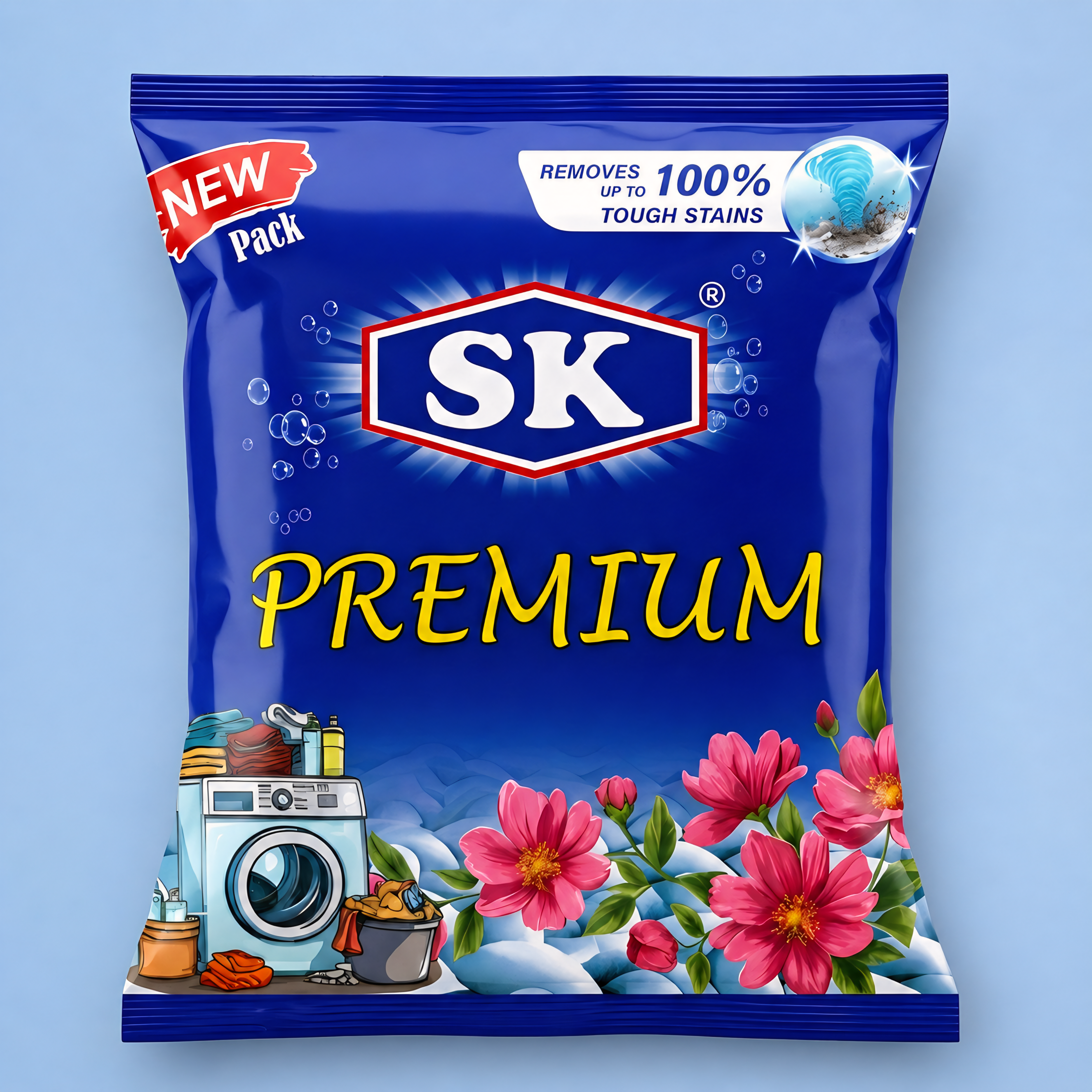 SK Premium detergent powder pack, removes up to 100% tough stains