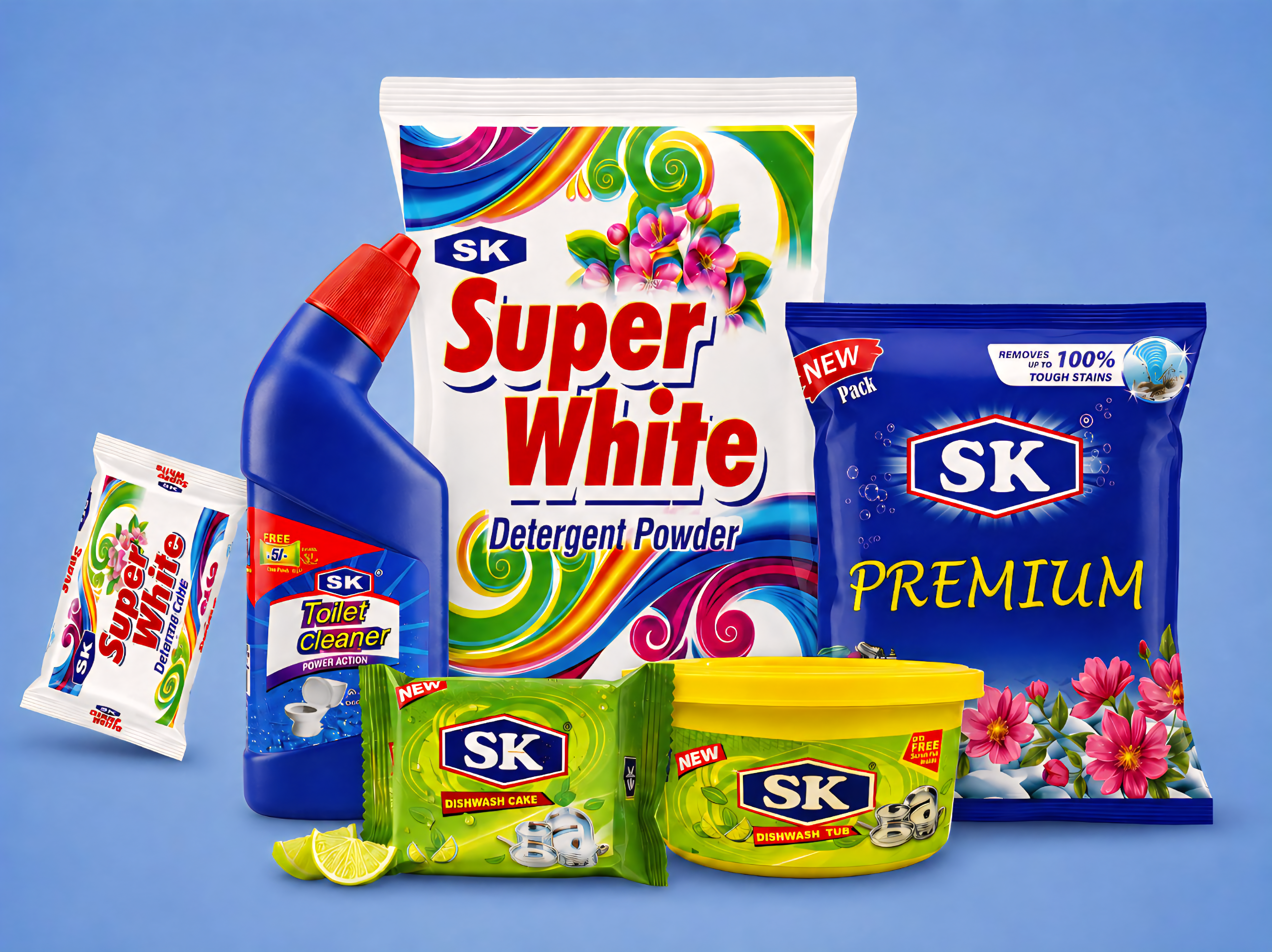 The SK product range — Super White detergent powder and cake, SK Premium, Toilet Cleaner, Dishwash cake and tub